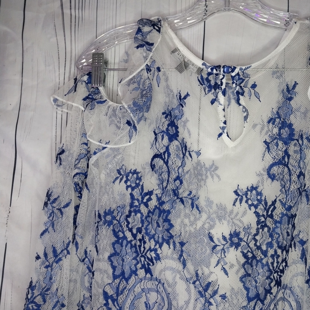 Fashion Nova Sheer Cold Shoulder Blue And White Floral Lace Romantic Top - Picture 8 of 10